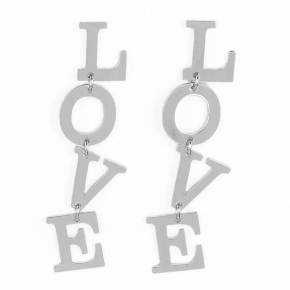 PAPARAZZI Metallic Silver Block Letter L-O-V-E Cascading Post Back Earrings - Picture 1 of 2